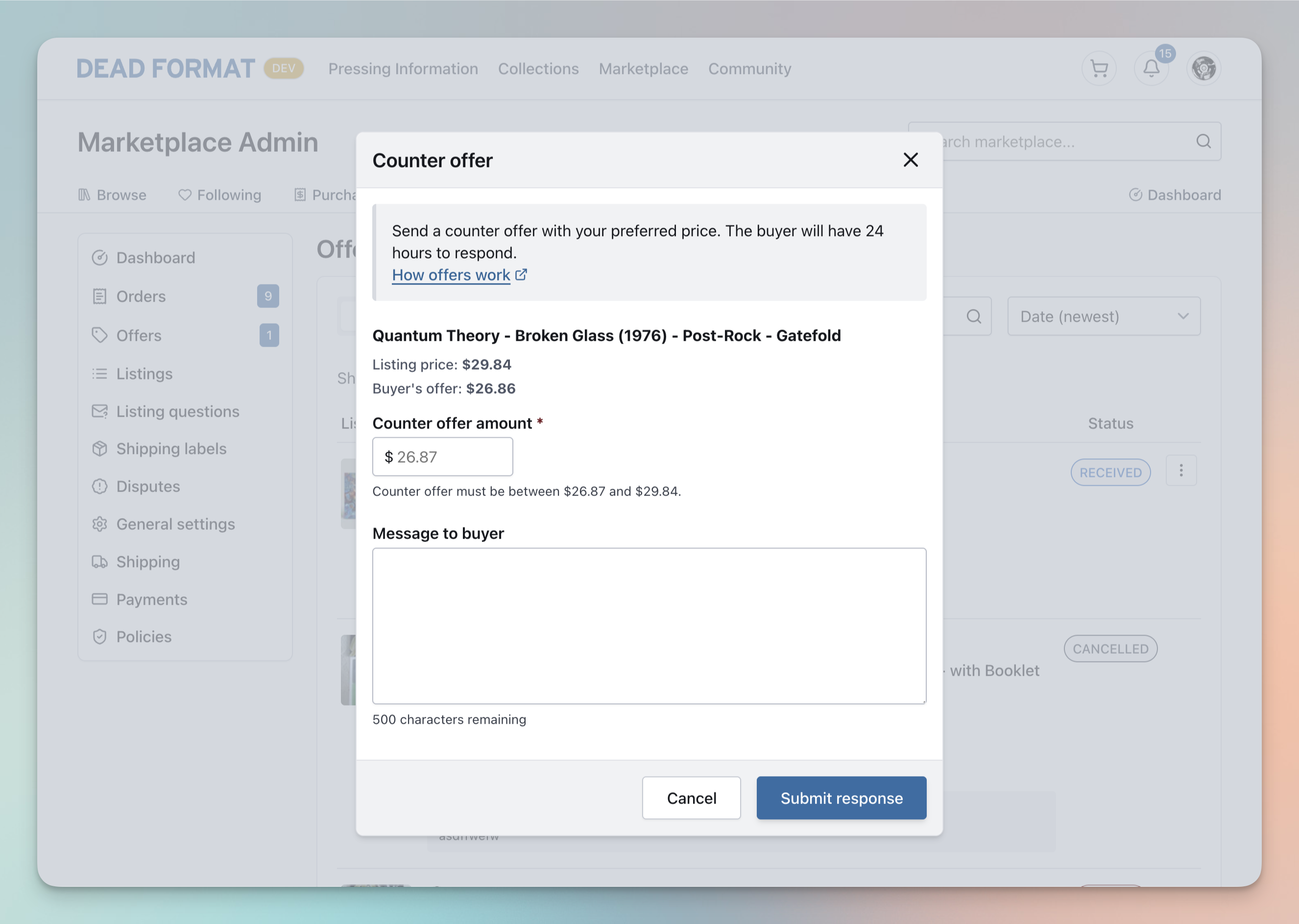 Admin counter offer screenshot